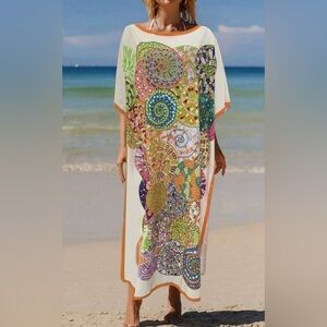Bohemian Floral Maxi Oversized Poncho Swimsuit Coverup Kaftan